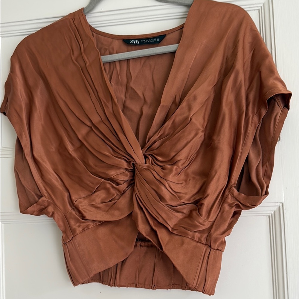 Zara Orange and Brown Ruched Dolman Sleeve Blouse